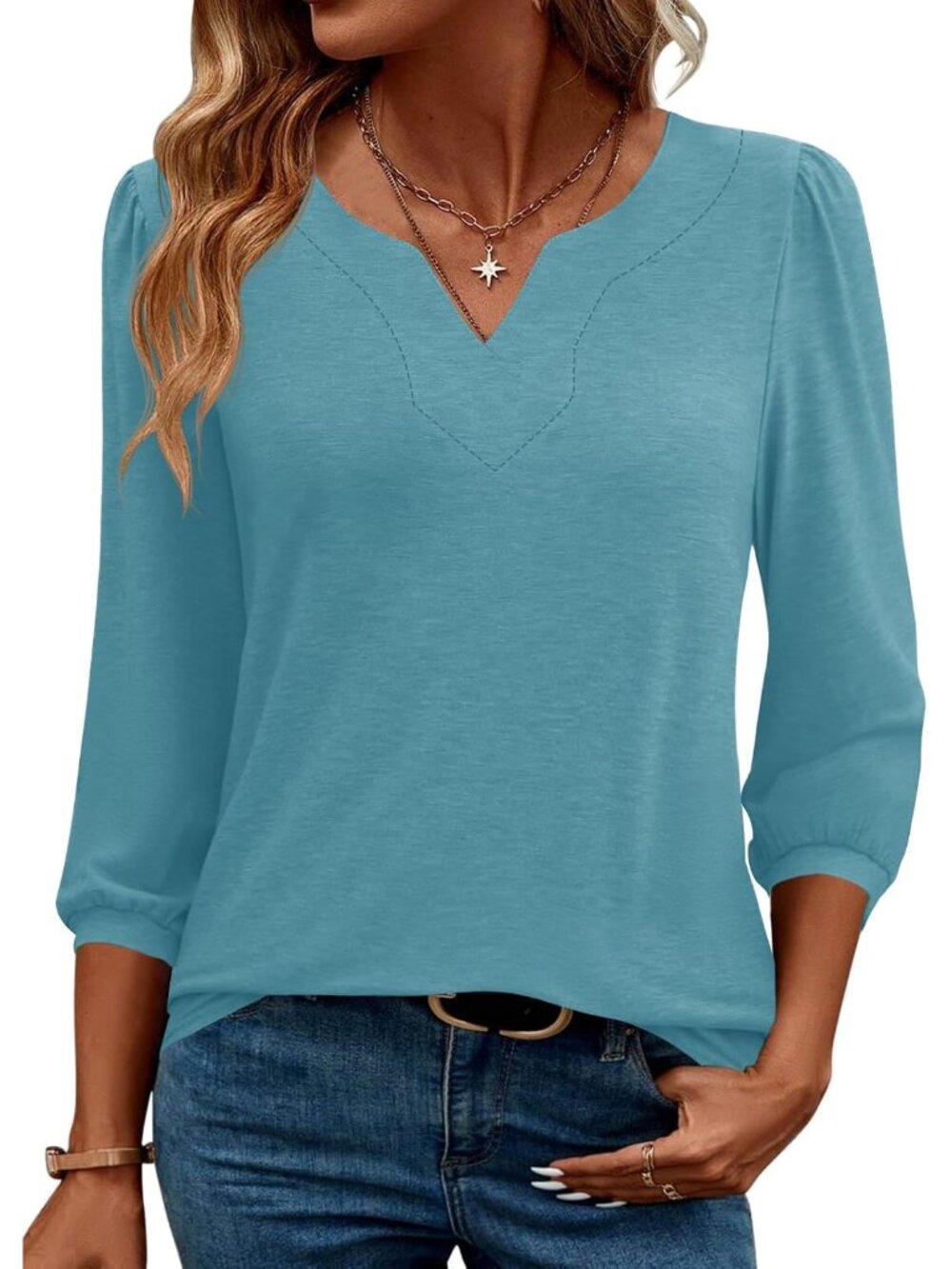 Womens 3/4 Sleeve Tops Loose Fit Dressy Blouse Ladies Business Shirts